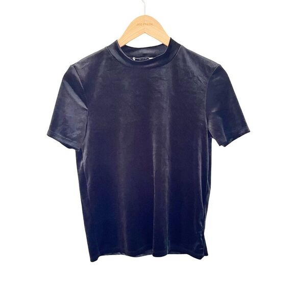 Zara Trafaluc Black Velvet Short‎ Sleeve Mock Neck T-Shirt - Picture 2 of 7
